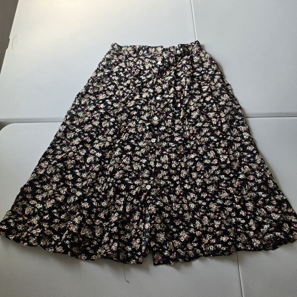Vintage 90s Skirt Womens Large Black Floral A-Line Midi Button USA Fairy Grunge
